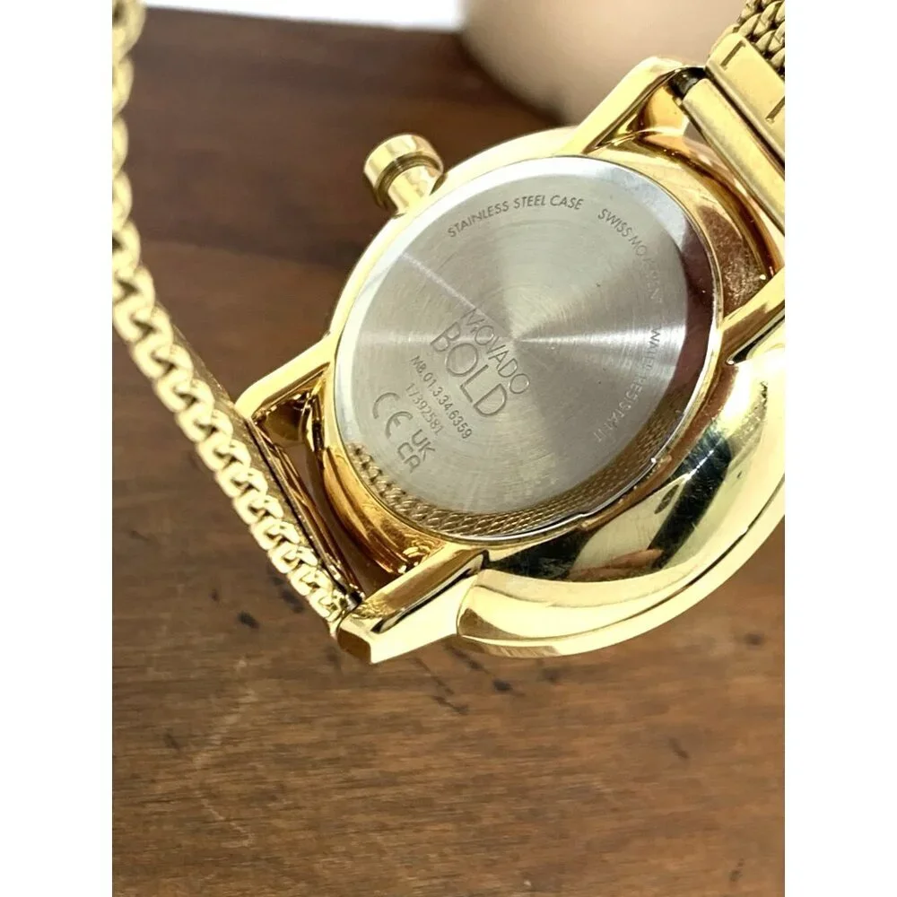 Movado Women's Watch 3600580 Bold Gold Dial Swiss Quartz Steel Mesh Band 34mm